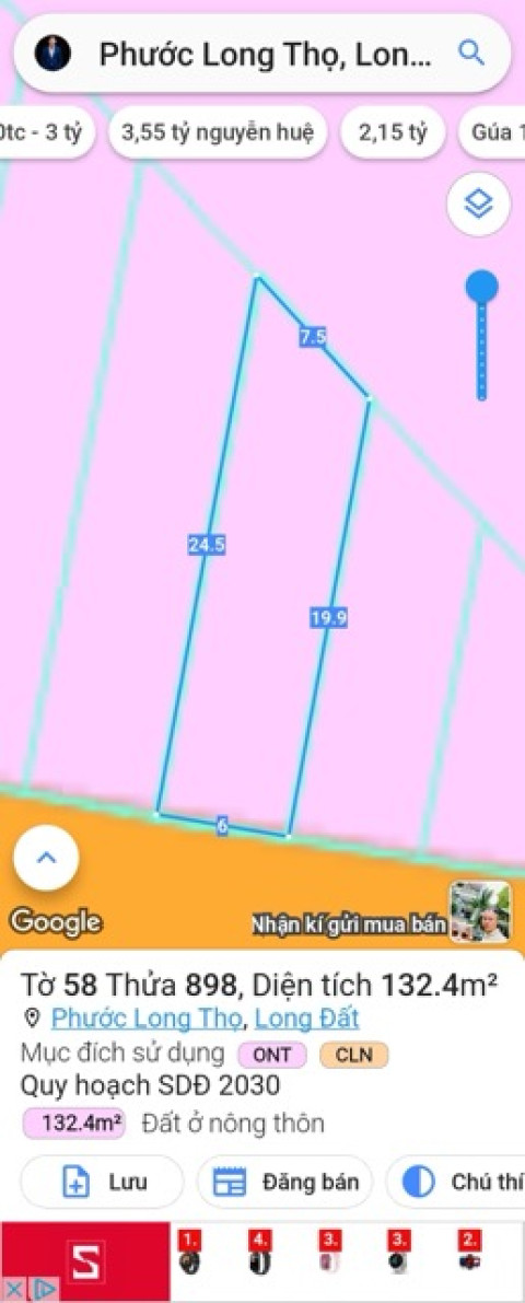 Đất nền xã Đất Đỏ - Diện tích 134m2 mặt tiền đường nhựa Nguyễn Huệ