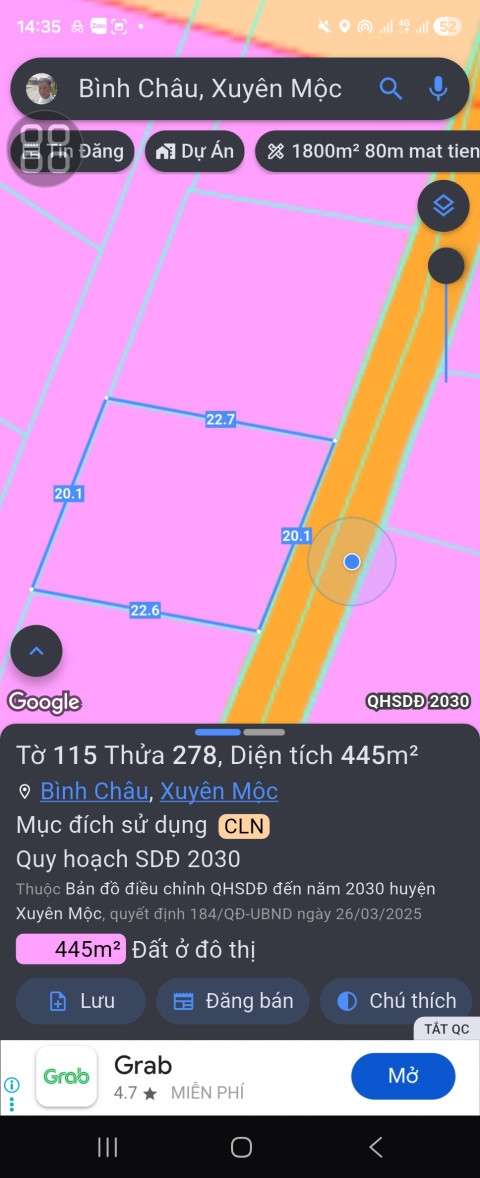 BÁN NỀN BIỆT THỰ SIÊU ĐẸP 445M2 - 20M MẶT TIỀN BÌNH CHÂU CÁCH BIỂN 1,5KM